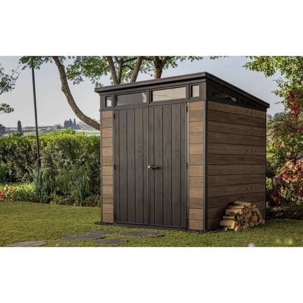 Keter 7′ x 7′ Walnut Signature Pent Plastic Shed – Walnut Woodlook