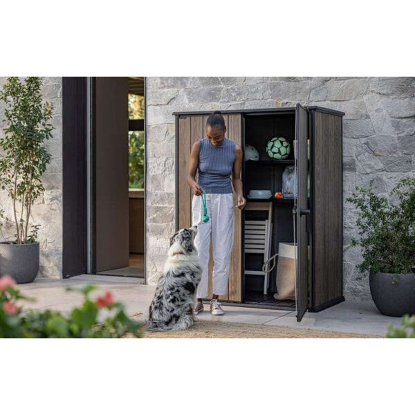 Keter 4.5′ x 2′ Walnut Signature Heavy Duty Vertical Plastic Garden Shed with Shelves – Walnut