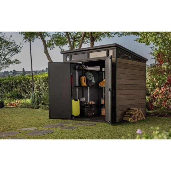 Keter 7′ x 7′ Walnut Signature Pent Plastic Shed – Walnut Woodlook