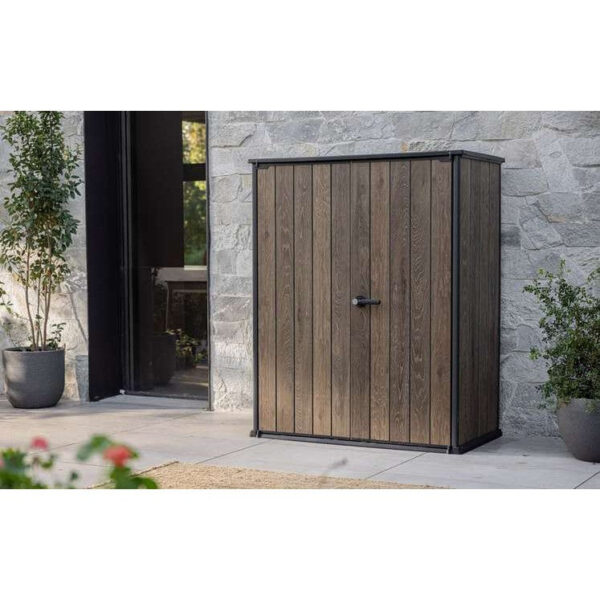 Keter 4.5′ x 2′ Walnut Signature Heavy Duty Vertical Plastic Garden Shed with Shelves – Walnut