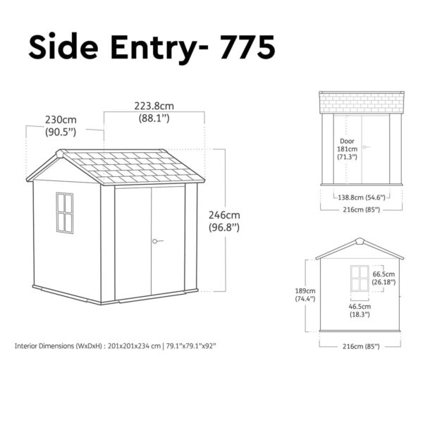 Keter 7′ x 7.5′  Newton Plus Side Entry Plastic Shed – Dark Grey