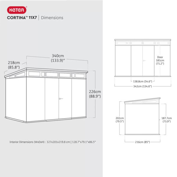 Keter 11’x 7′ Cortina Heavy Duty Plastic Pent Shed – Dark Grey