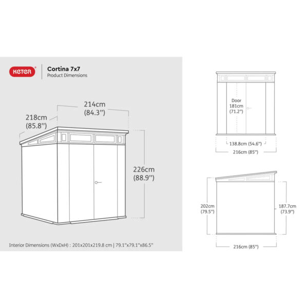 Keter 7’x 7′ Cortina Heavy Duty Plastic Pent Shed – Dark Grey