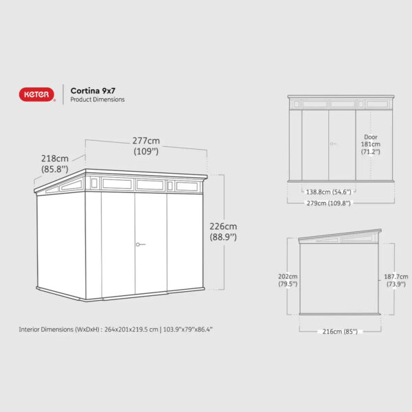 Keter 9’x 7′ Cortina Heavy Duty Plastic Pent Shed – Dark Grey