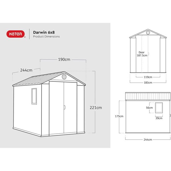 Keter 6’x8′ Darwin Heavy Duty Plastic Garden Shed –  Grey