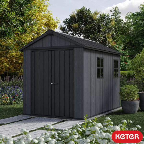 Keter 7.5’x9′ Newton Plus Front Entry Plastic Shed – Dark Grey