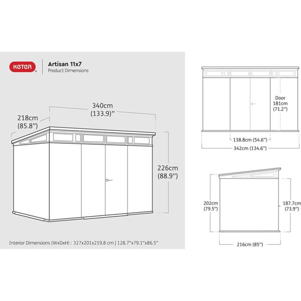Keter 11’x 7′ Artisan Heavy Duty Plastic Pent Shed – Grey