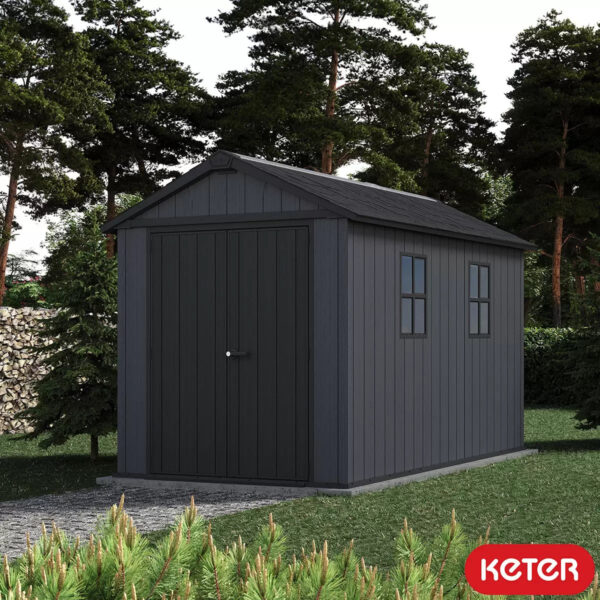 Keter 7.5’x11′ Newton Plus Front Entry Plastic Shed – Dark Grey