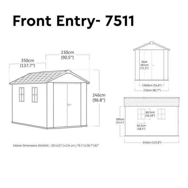 Keter 7.5’x11′ Newton Plus Front Entry Plastic Shed – Dark Grey