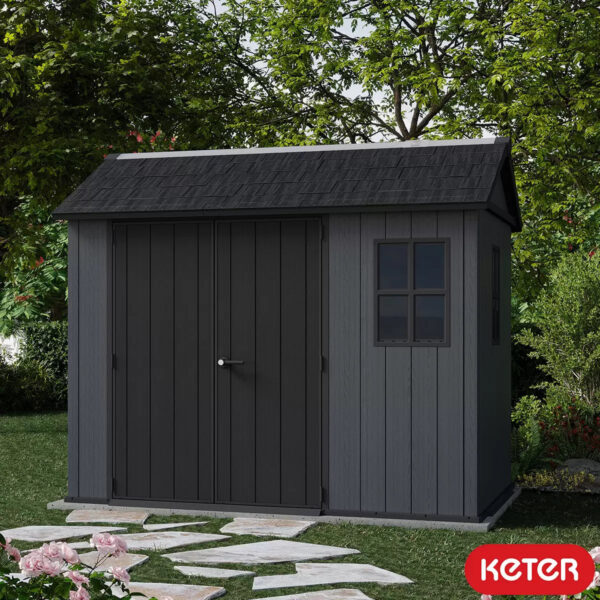 Keter 9’x7.5′ Newton Plus Side Entry Plastic Shed – Dark Grey