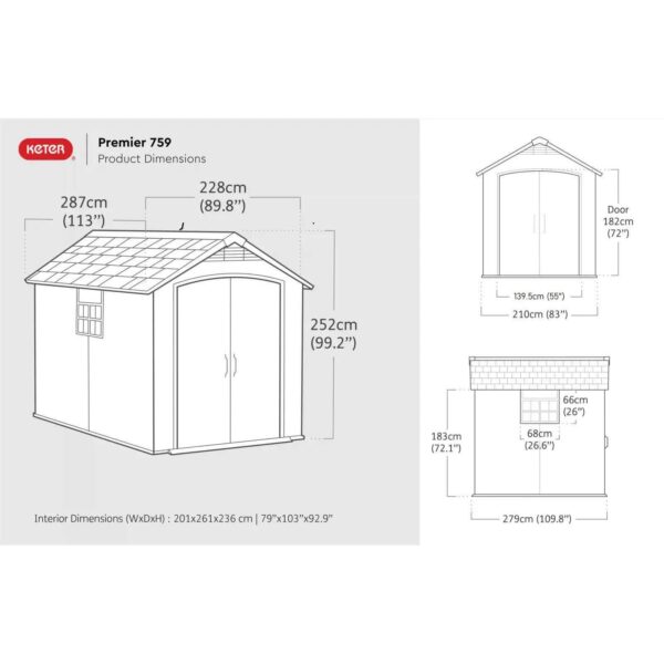 Keter 7.5’x9′ Premier Heavy Duty Plastic Shed – Grey